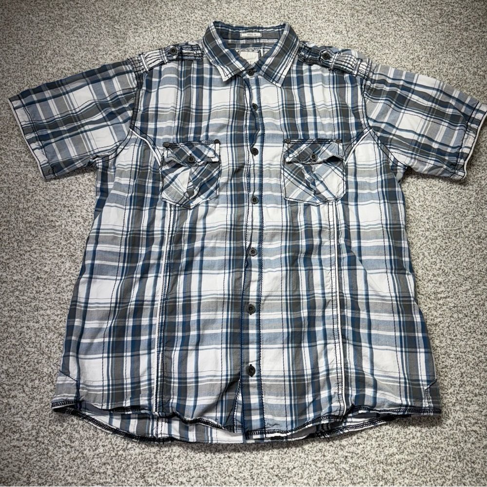 Men’s BKE Gray and Blue Casual Plaid Button Down Athletic Fit Shirt Size Large L
